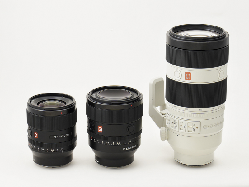 左からFE 35mm F1.4 GM、FE 50mm F1.2 GM、FE 100-400mm F4.5-5.6 GM OSS
