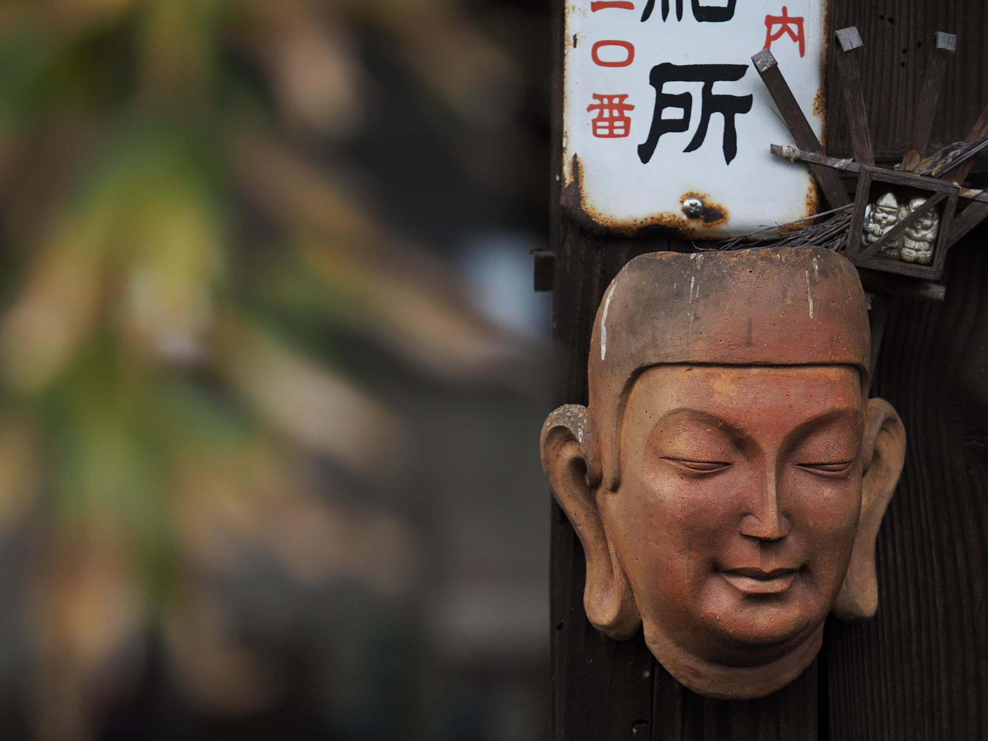 近所の家の壁なんですが、家主は仏像が好きな人なのかしら。いや、アート志向なのかなと。不思議な飾りつけをしています。手入れが行き届いているから、見てもらいたいんでしょうね。シャープな描写の合焦点とボケ味のバランスがよい感じです。<br>OM-D E-M1X　M.ZUIKO DIGITAL ED 40-150mm F2.8 PRO（F3.2・1/1,250秒）ISO 400