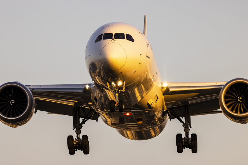 千里川からアプローチする着陸直前の787。飛行機全体に光が当たるわずかな瞬間を狙った。三脚で手ブレを防げるので、その瞬間に集中することができる<br><span class="fnt-85">EOS R5 / RF100-500mm F4.5-7.1 L IS USM / 500mm / 絞り優先AE（F8、1/1,000秒、-0.7EV） / ISO 400 / WB:オート</span>