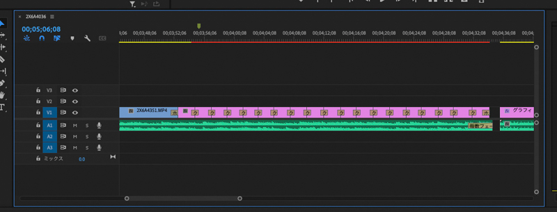 静止画を入れたトラック。クリップ同様ドラッグ＆ドロップで挿入する。同じくトランジションを入れ、スムースに静止画が切り換わるようにしている