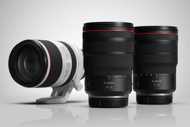 現行レンズの採用例。左からRF70-200mm F2.8 L IS USM、RF24-70mm F2.8 L IS USM、RF15-35mm F2.8 L IS USM。非球面レンズの採用枚数はそれぞれ2枚、3枚、3枚。