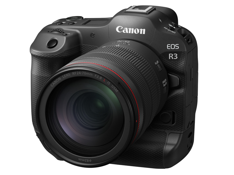 写真3：キヤノンEOS R3。ソニーに続いてニコンやキヤノンも積層型CMOS撮像素子を用いたカメラの開発発表をしている。ローリング歪やシンクロ同調速度の問題がこれらのカメラでどの程度改良されているか、興味深いものがある。