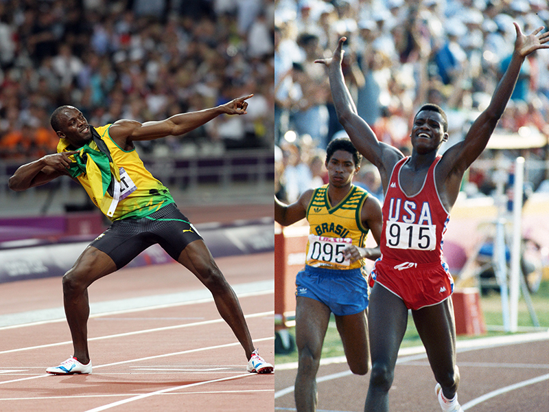 左：ウサイン・ボルト（JAM）／ロンドン（2012）<br>200mで勝利した後、お馴染みの「ライトニング（稲妻）ポーズ」を見せるウサイン・ボルト。北京、ロンドン、リオの3大会で100mと200mで個人種目3連覇を果たした。北京五輪の4×100mリレーでチームメートがドーピングによる失格で金メダルが剥奪されることがなければ3種目で3連覇だったのだが……（写真・アーサー・ティル）<br><br>右：カール・ルイス（USA）／ロサンゼルス（1984）<br>カール・ルイスの疾走は、アメリカを熱狂させた。100m、200m、4×100mリレー、走り幅跳びで4個の金メダルを獲得して、一躍スパースターとなった。これは1936年のジェシー・オーエンスに並ぶ快挙だった。ソウル五輪100mの金メダル獲得は、ドーピングによるベン・ジョンソンの失格によるものだった（写真・アーサー・ティル）
