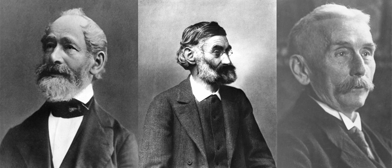 左から、カール・ツァイス（1816-1888）、エルンスト・アッベ（1840-1905）、オットー・ショット（1851-1935）