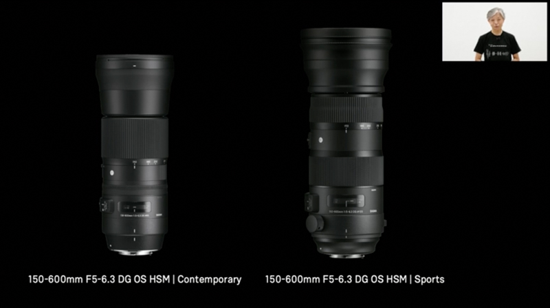 SIGMA 150-600mm F5-6.3 DG OS HSM｜Contemporary（左）とSIGMA 150-600mm F5-6.3 DG OS HSM｜Sports（右）。（「新製品プレゼンテーション 8月4日」YouTubeより。他同）