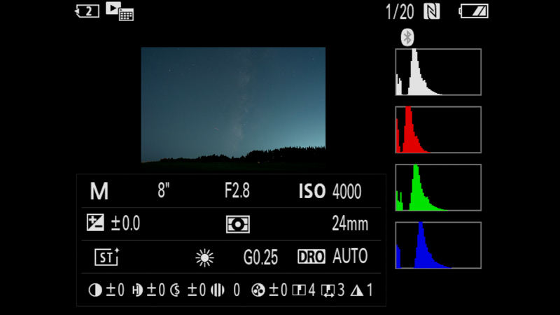 ソニーFX3の場合。RGB統合のヒストグラムをチェックし、山が横軸の1/4から1/3であれば概ね良好な露光である。このケースの場合、あと1/3EVほど露出をプラス側に補正しても良い