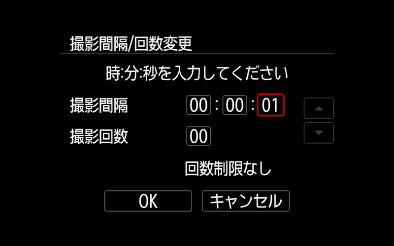 「INFO」ボタンを押すと「撮影間隔」と「撮影回数」が入力できるようになる