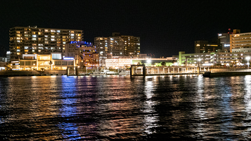 70分間のクルーズも気がつけば終了時刻。休みなく集中して撮影を続けていたことで、港へ戻るころには結構な疲労感を全身に感じていた。桟橋の周囲の灯りが海面に反射して眩しいほどに煌びやかだ。