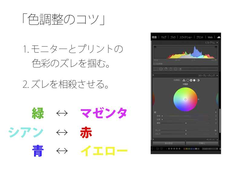 モニターとプリントのズレを相殺することで色被りを補正する（長瀬さんが制作した第2回オンラインセミナーの資料より）