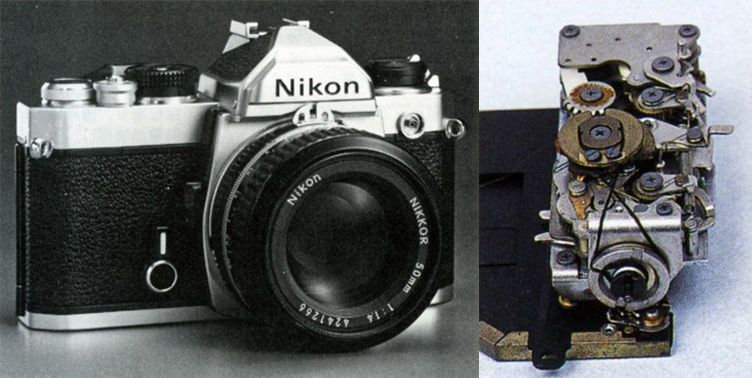 写真7：左はニコンFM（1977）。このカメラはコパルスクエアCCSを使っているのだが、前後方向のシャッターダイヤル軸を縦方向に変換するのに、右のような糸と滑車を使っている。手前に見えるのがカメラ上面のシャッターダイヤルが装着される軸、奥に見えるのがシャッターユニットに設けられたダイヤル軸で、両者を黒い糸で連結している。（写真左は「ニコンテクニカルマニュアル増補版」写真工業出版社刊より、写真右はCAPA編集部編「ニコン一眼レフのすべて」学研刊より）