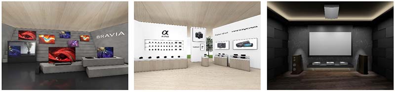 各コーナーのイメージ。左からブラビアのコーナー、デジタルカメラ・ビデオカメラのコーナー、シアタールーム