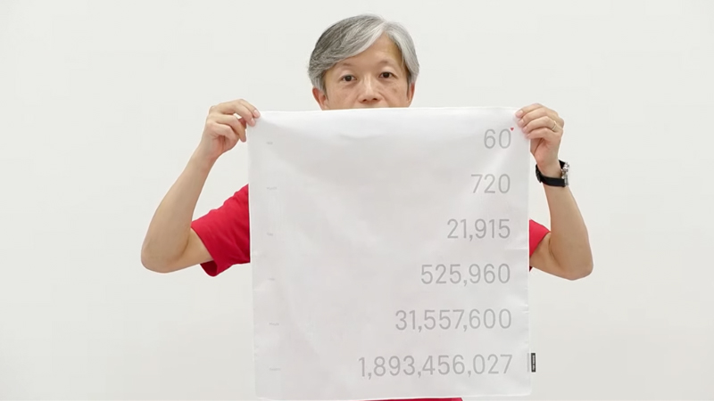 同社が独自開発した“シグマフォント”で数字をデザイン。60周年にちなみ、60年という時間を、720か月、2万195日、52万5,960時間……といった数字で表現したという。