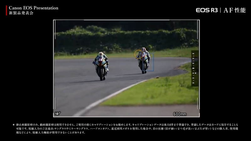 黄色い丸が視線入力のポインタ。被写体を掴んだところ