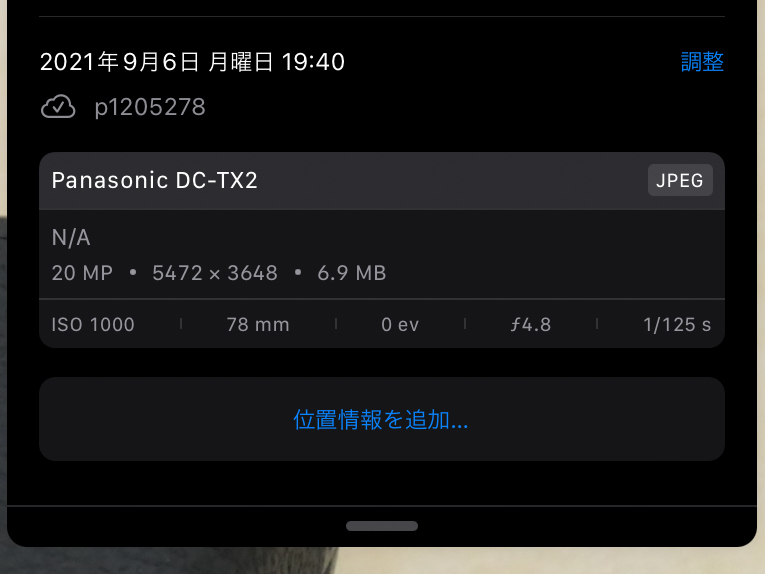 レンズ一体型のデジタルカメラで撮影した場合。レンズ名が存在せず、位置情報も付与していないため、手動で追加する必要がある（iPadの画面より）