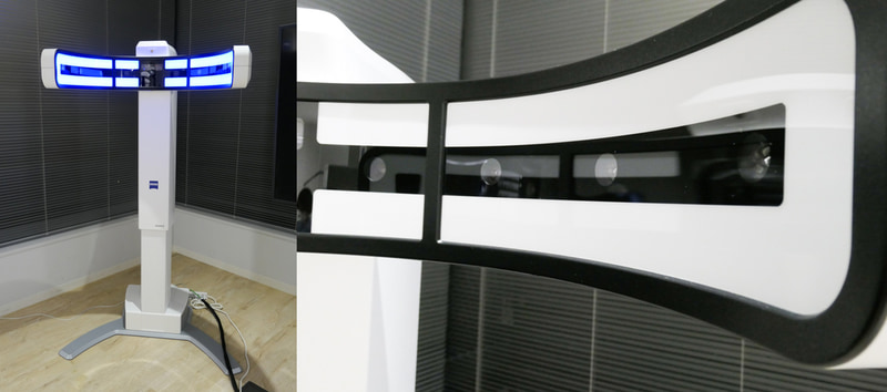 左：VISUFIT 1000　右：腕のような部分に備わる9つのカメラで一度に撮影する