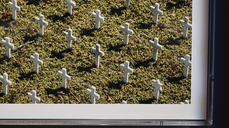 上の展示作品のうち、右から2番目の作品細部に寄ったところ。十字架を象った墓標の中に星形のものがあることに気づく