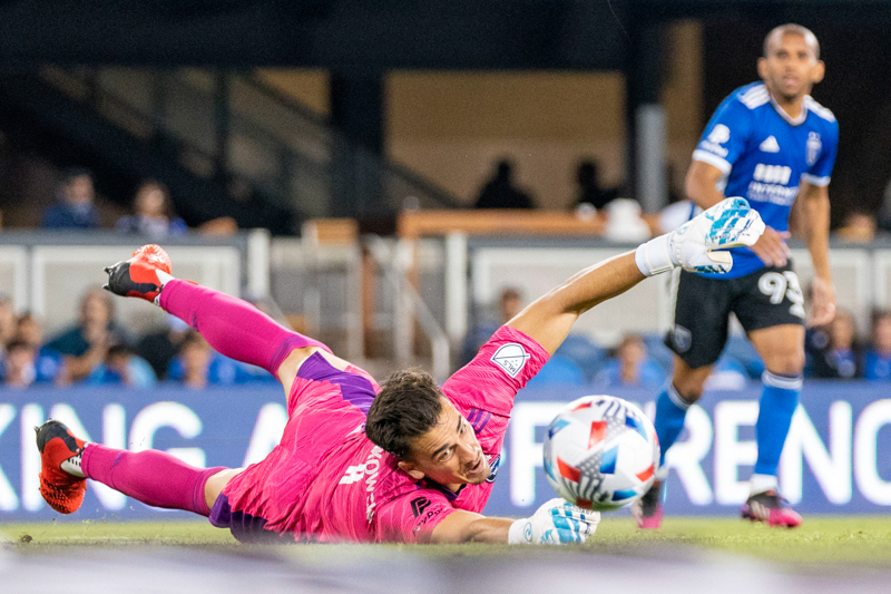 <span class="fnt-85">Kyle Terada / USA TODAY Sports, A9II, 70-200mm, 162mm, 1/1600@f2.8; 5000asa August 17, 2021; San Jose, California, USA; San Jose Earthquakes goalkeeper JT Marcinkowski (1) makes a save against the Minnesota United during the first half at PayPal Park.</span>