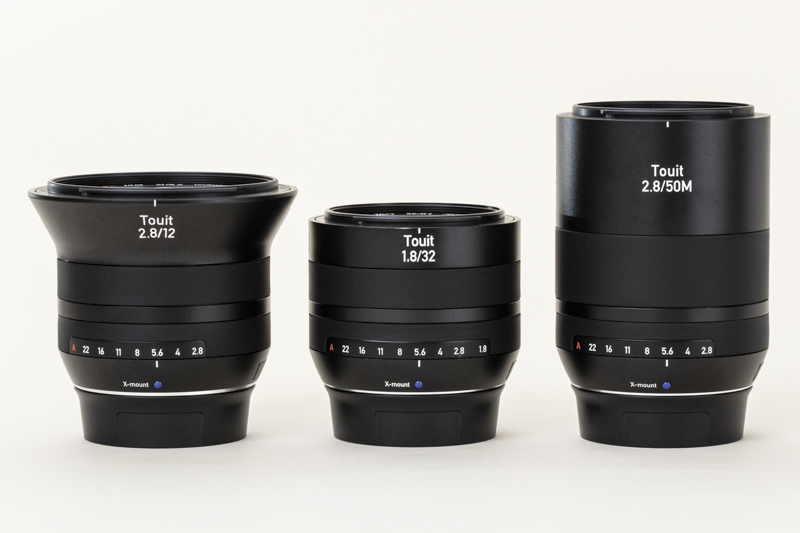 左からTouit 2.8/12、Touit 1.8/32、Touit 2.8/50