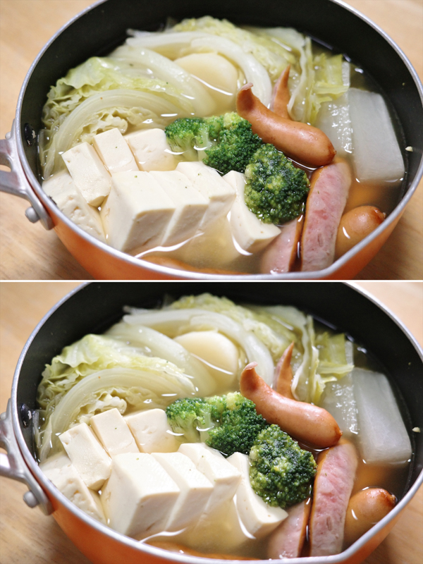 上：室内蛍光灯のみ　下：＋LEDライトを逆光位置（お鍋の向こう側から）にて使用