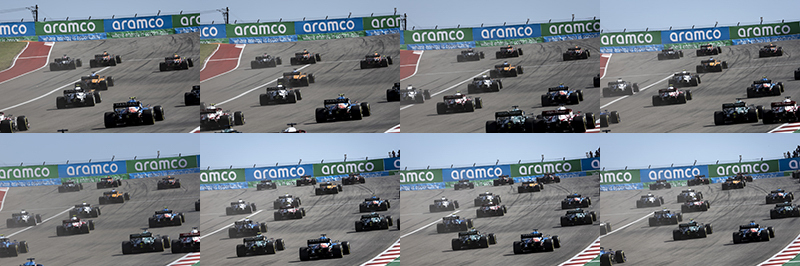 スタート直後に、1コーナーへ駆け上っていく様子を後ろから撮影。何があるかが分からないのでドライバーも観客も、このシーンを撮る僕も、この瞬間は緊張しながら撮影する<br><span class="fnt-85">EOS R3／RF400mm F2.8 L IS USM／400mm／マニュアル露出（F7.1、1/1,600秒）／ISO 320／WB：太陽光</span>