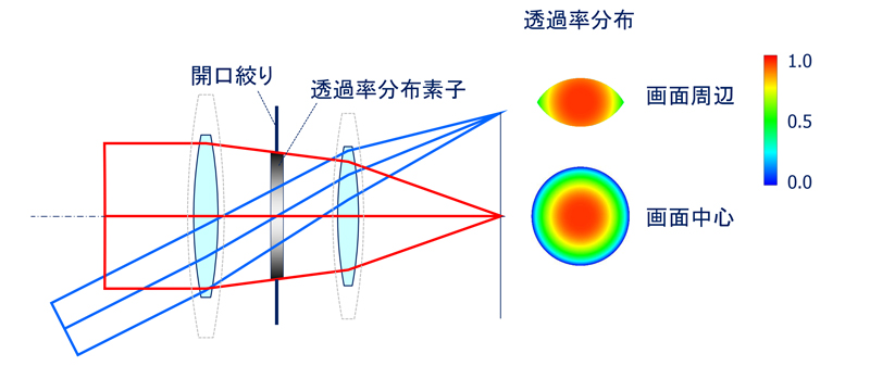 パターン2。パターン1よりも絞り前後のレンズが小型化した。画面周辺部の透過率分布のバランスが良くない