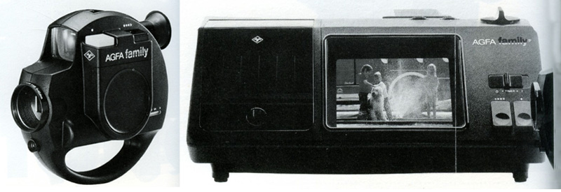 写真3：アグファファミリーの撮影機（左）と再生機（右）。スーパー8のフィルムを使用する動画と静止画兼用システム（写真は朝日ソノラマ刊「世界のカメラと写真用品」1981年版より）