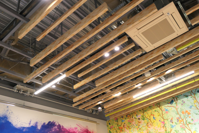 天井のルーバーを木目調のプリントとするなど、アイデアを盛り込んだ空間