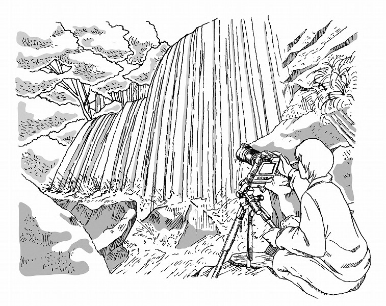 熊本県にある神秘的な鍋ヶ滝での図解イラスト