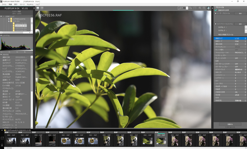 パソコンで起動したFUJIFILM X RAW STUDIOの画面。サムネイルは画面下に並ぶのみで、一覧表示できないのはやや使いづらい。