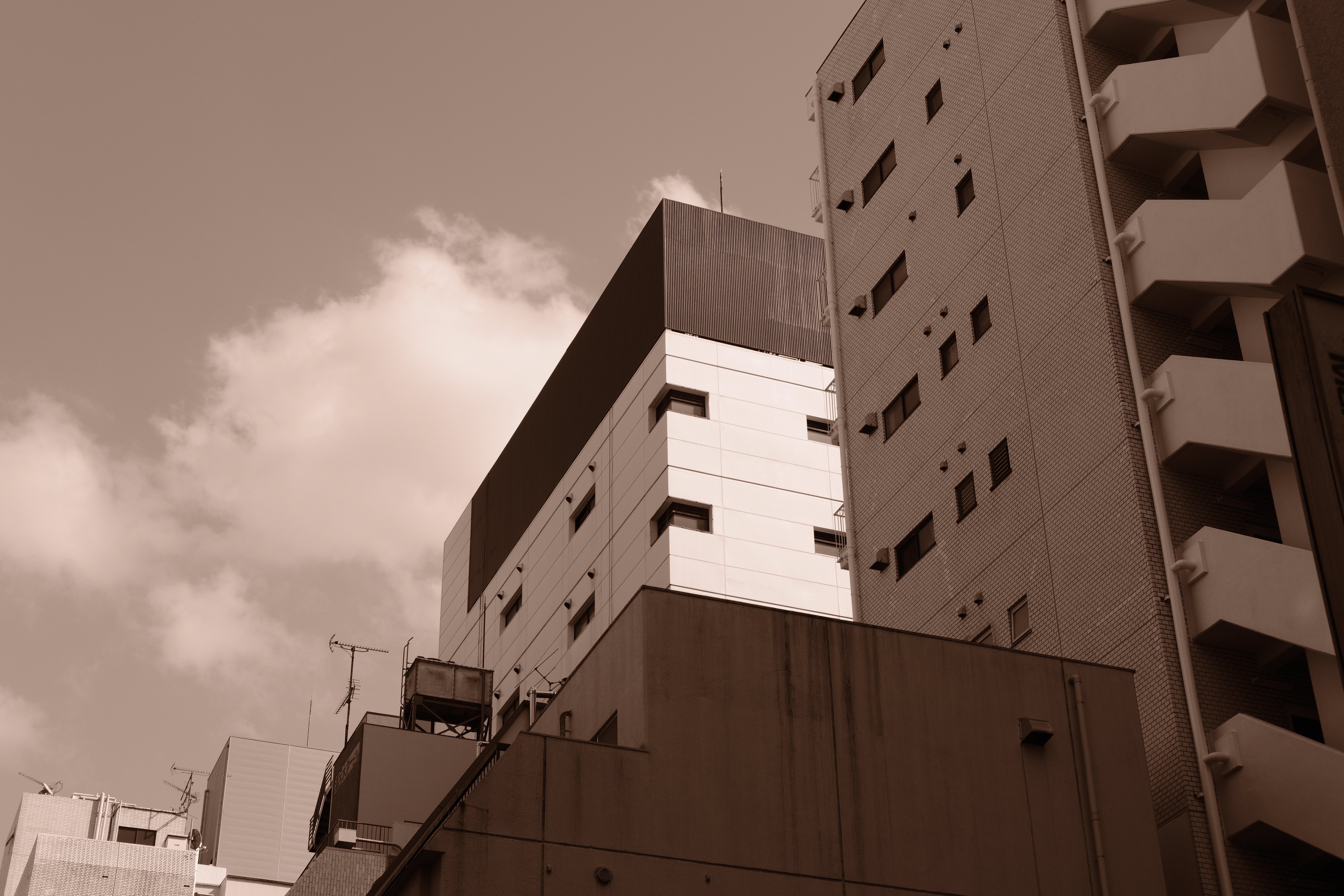 「モノクローム カラー」の縦軸「WARM」「COOL」をWARM寄りの+9に、横軸の「M（マゼンタ）」「G（グリーン）」をM寄りの-4の位置に設定。セピア調のレトロな雰囲気になった。