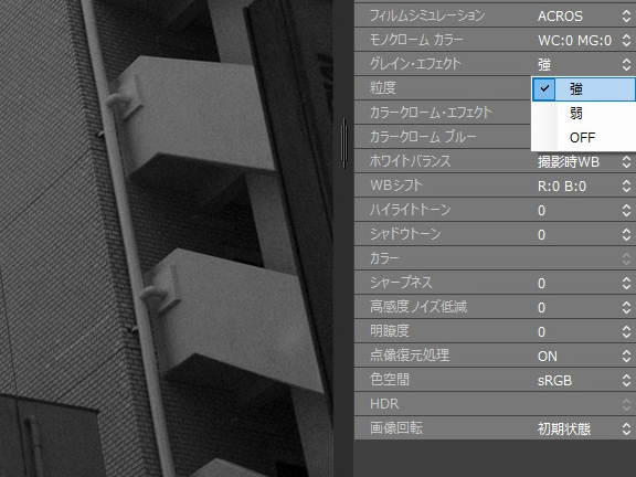 粒子を加えてフィルムを思わせる仕上がりもできる。「粒度」は弱と強の2種類。