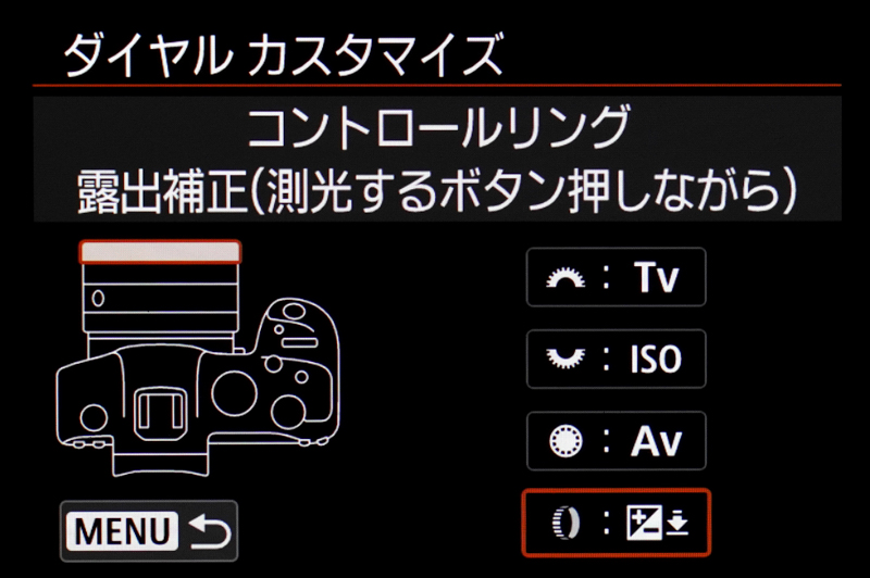 このコントロールリングは、カメラの「ダイヤルカスタマイズ」画面で、露出補正やISO感度、ホワイトバランスなどの機能を好みで割り当てられます。便利ですので積極的に使っていくと良いと思います