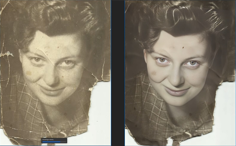 Adobe Photoshop公式YouTubeチャンネル「New Photo Restoration Neural Filter in Photoshop」より。適用前（左）と適用後（右）