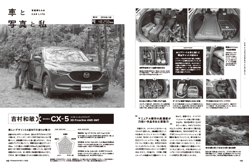 新連載の1つ「車と写真と私」。写真家が乗る愛車紹介の連載。なぜその車を選んだのか、どんな撮影に便利なのか、機材の収納方法、車中泊の方法などを解説していく。1回目はマツダ CX-5に乗る吉村和敏を紹介する。