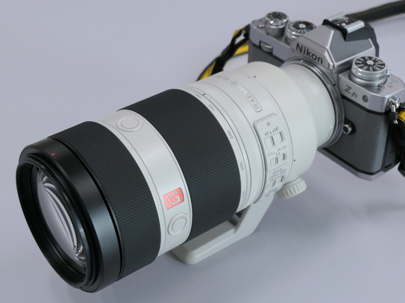 ソニーの「FE 100-400mm F4.5-5.6 GM OSS」。Z fcとバランスが良いとは言えないが、望遠域でのAFも、社外品のマウントアダプター経由と考えれば期待以上のスムーズさだった。1,300g以上のレンズを装着する場合は、レンズ側も支えるよう案内されている