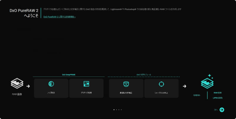 ノイズ除去、デモザイク処理、光学補正、シャープネス調整などが行われる
