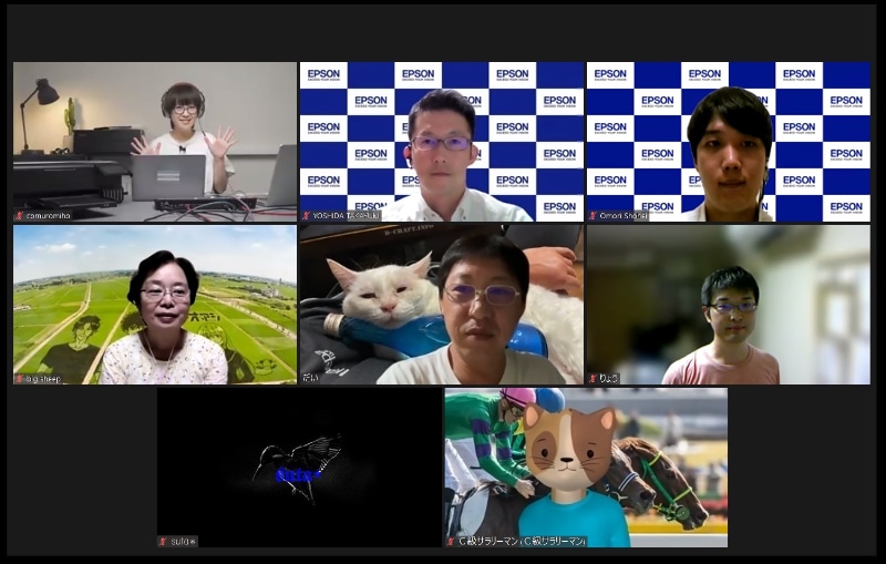 「注目製品レビュー エプソン EW-M973A3T vol.2」の第1回目オンラインセミナーに参加したみなさま。<br>（上段左から）講師のコムロミホさん、エプソン販売の吉田貴之さん、大森翔平さん、（中段左から） big sheepさん、だいさん、りょうさん、（下段左から）𝖘𝖚𝖙𝖆⋆さん、C級サラリーマンさん