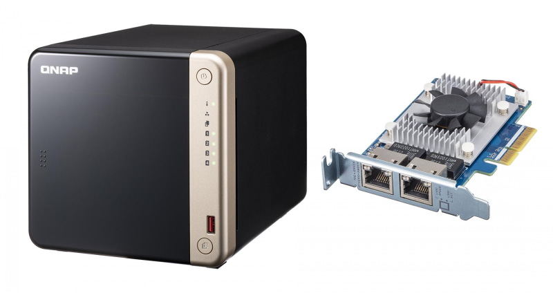 4ベイで大容量を実現でき、標準で2.5GbEを搭載。オプションで超高速な10GbEカードを増設できる<br>　<br><b><u>実勢価格</u></b><br><span class="fnt-90">QNAP TS-464：9万3,000円前後／QNAP QXG10G 2TB：3万8,000円前後</span>