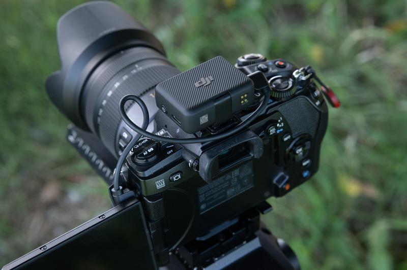 カメラ上面から見たところ。付属の音声ケーブルは針金状の硬さになっており、カメラに合わせて好きな形で固定しやすい点も使いやすい