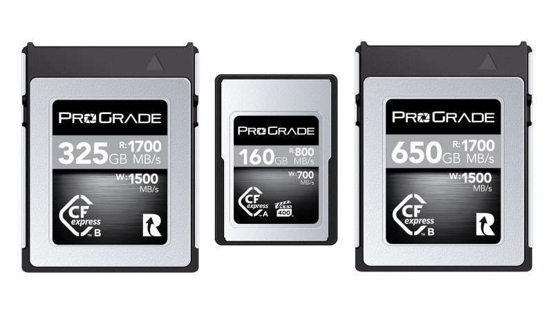 左からCFexpress Type B COBALT 325GB、CFexpress Type A COBALT 160GB、CFexpress Type B COBALT 650GB