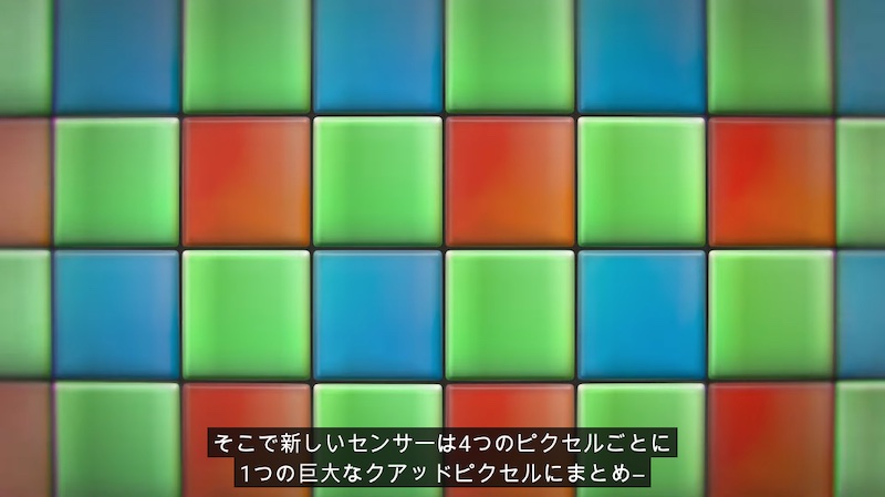 12MP記録時のイメージ。同色の4画素を1つにまとめる（<a href="https://www.youtube.com/watch?v=ux6zXguiqxM" class="n" target="_blank">アップルの配信動画</a>より）