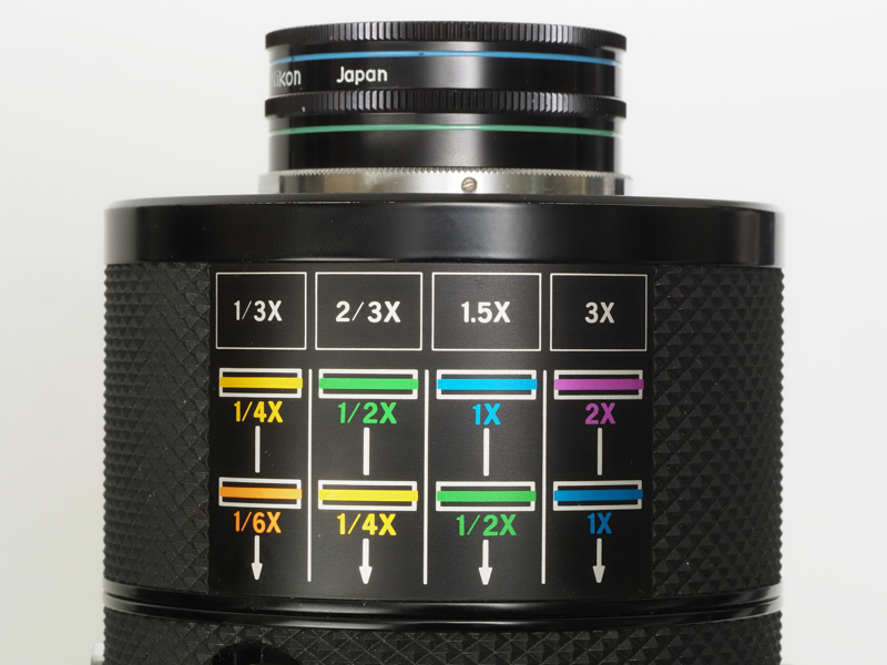 クローズアップレンズの組み合わせで撮影倍率を変更できます。1.5倍の撮影倍率に決定した例です。図のとおり撮影倍率1×の水色ラインのレンズと、1/2×の緑のラインの入ったレンズを先端で組み合わせて、本体レンズにねじ込みます。分数計算ですよね
