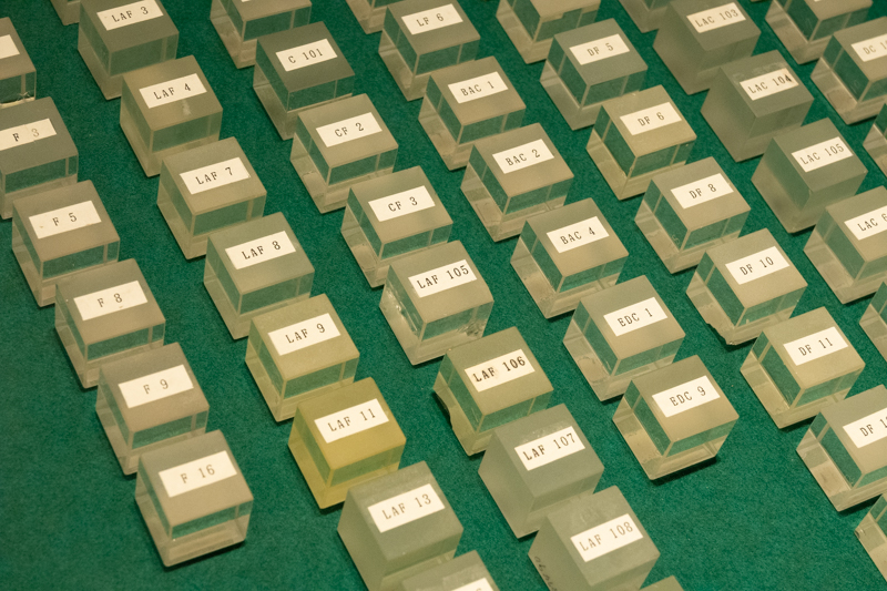 たくさんの種類があり、これらの組み合わせでカメラレンズなどが作られる。LAF（LA=ランタン）系の黄色くなっているガラスに目が行くのは、カメラ好きの性？