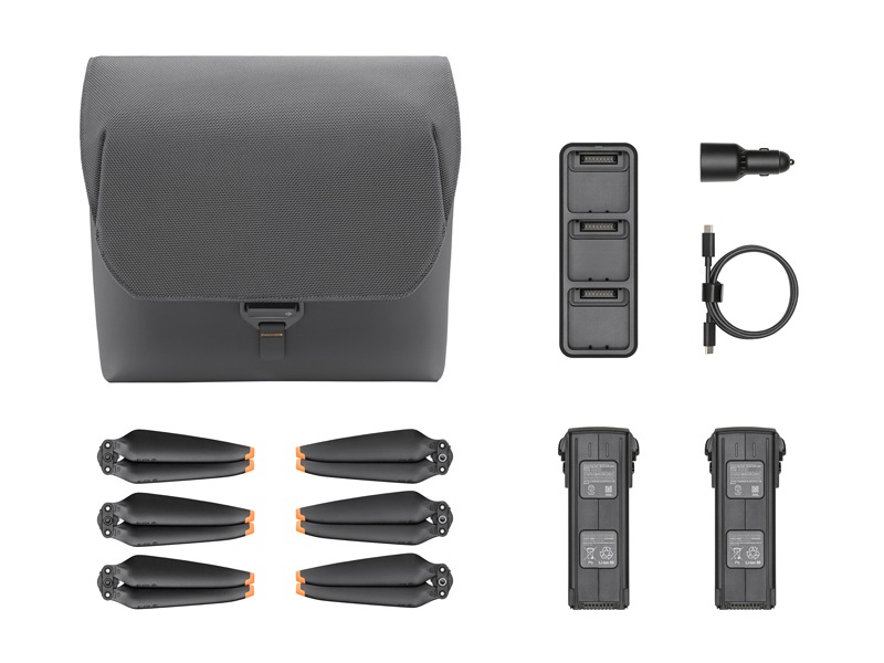Kit Plusの内容：インテリジェント フライトバッテリー×2、バッテリー充電ハブ(100W)、65Wカーチャージャー、低ノイズプロペラ（1組）×3、DJI ショルダーバッグ