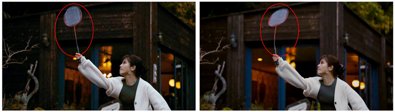 グローバルシャッター方式（左）とローリングシャッター方式（右）のCMOSセンサーでの撮影例