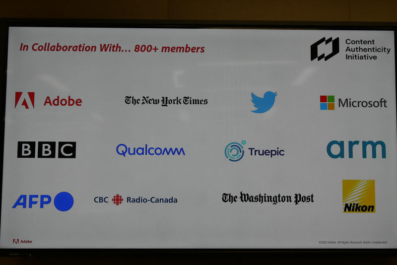 CAIに参加している企業。報道機関、大手ソフトウェアベンダー、プラットフォーマー、チップセットベンダーに加えて、カメラメーカーとしてニコンが参加