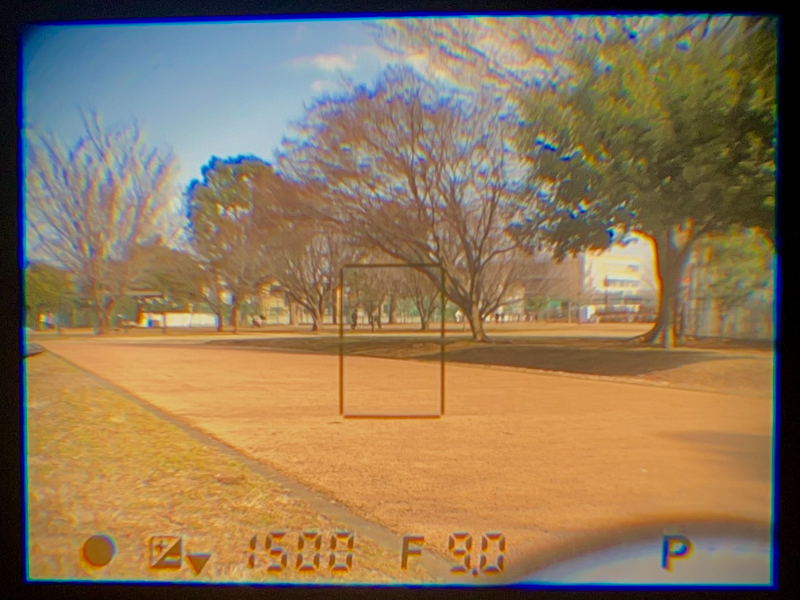 OVF内をスマートフォンで撮影。視野の中に大胆に食い込んでくる撮影情報はテクノロジーとして先駆的な印象もあり、こんな小さなカメラでよくぞやってくれましたという感じがします。敬意を表して、今回はマクロ以外はファインダーを覗いて撮影しております。