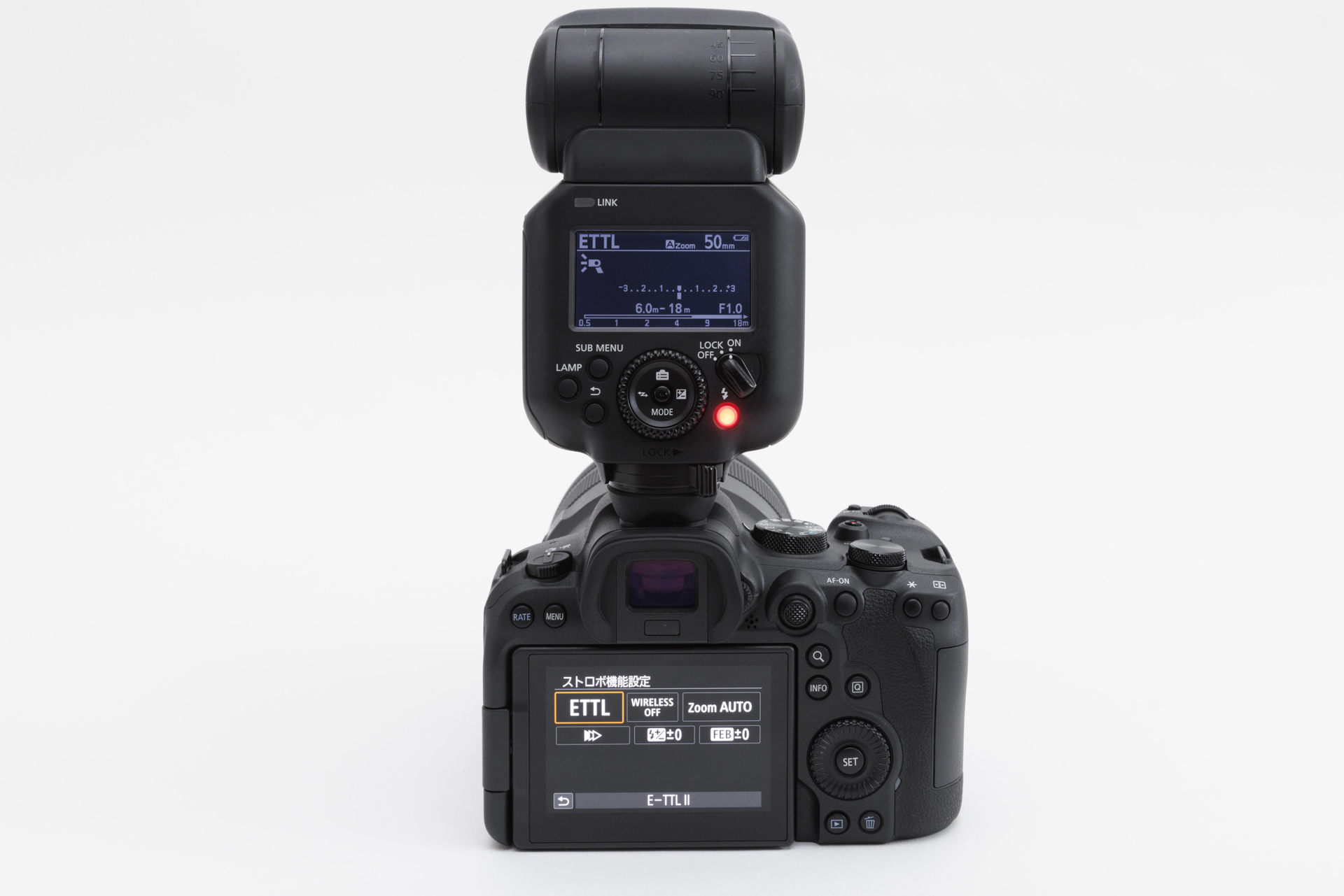 ジョイスティックで「メニューダイレクト」を選ぶと（初期設定ではジョイスティックで上を選ぶ）、このようにカメラ側の画面にストロボ機能設定をダイレクトに呼び出すことができ、そのまま設定を自分好みに変更できる。なお、ST-E10使用時は「MENU」ボタンを押すと、ダイレクトに「ストロボ機能設定」を表示しながら、スピードライトをコントロールできる
