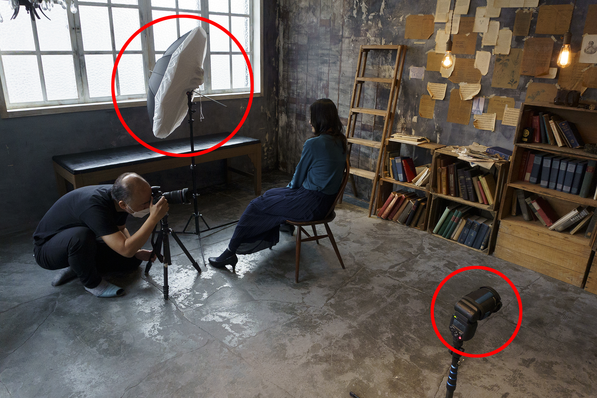 アンブレラはモデルに近い位置から照射し、奥の背後にはあまり光が漏れないようにしている。発光モードは「Gr」を利用。モデルに照射した1灯は光量を固定し微調整しながら撮りたかったため、マニュアル発光で調整。結果的に1/16の光量で照射した。一方、グリッド付きの1灯はETTL発光（−1調光補正）で自動調光しながら照射している。このように、発光モードを「Gr」にすると、それぞれに光量の割り出し方を変更できるのもいい