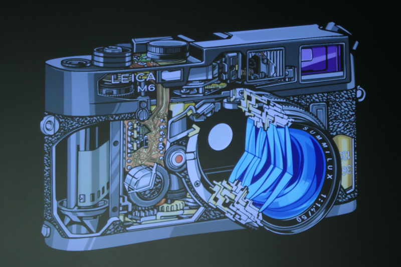 ライカM6の模式図。正面から見て左下の電池室部分には、もともとセルフタイマーレバーがあった